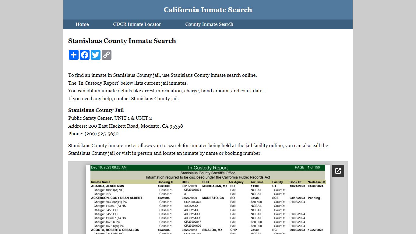 Stanislaus County Inmate Search